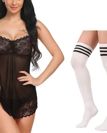Women Babydoll Nightwear Lingerie Set with Thigh High Striped Socks