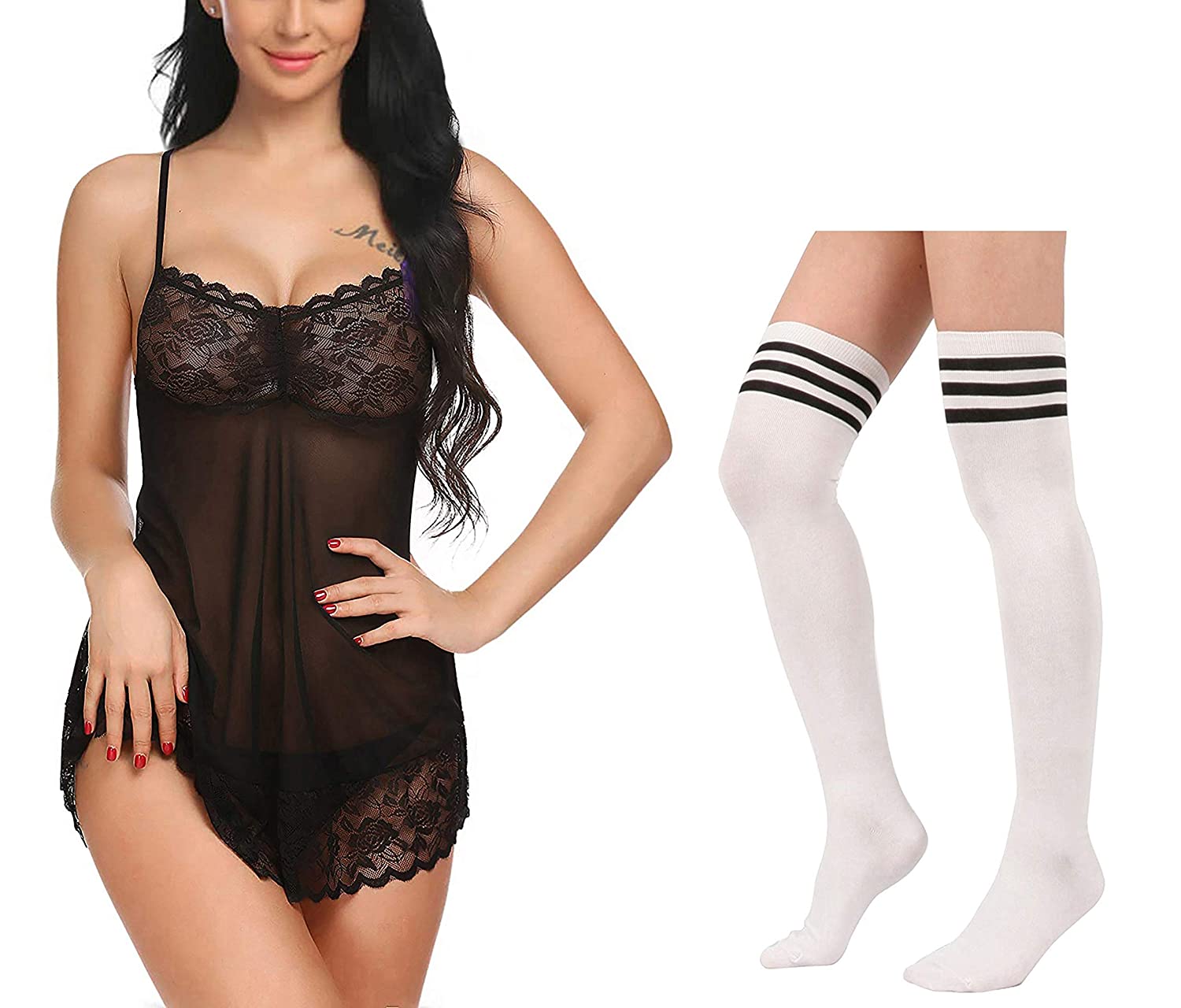 Women Babydoll Nightwear Lingerie Set with Thigh High Striped Socks SELLERS STORE Women Babydoll Nightwear Lingerie Set with Thigh High Striped Socks