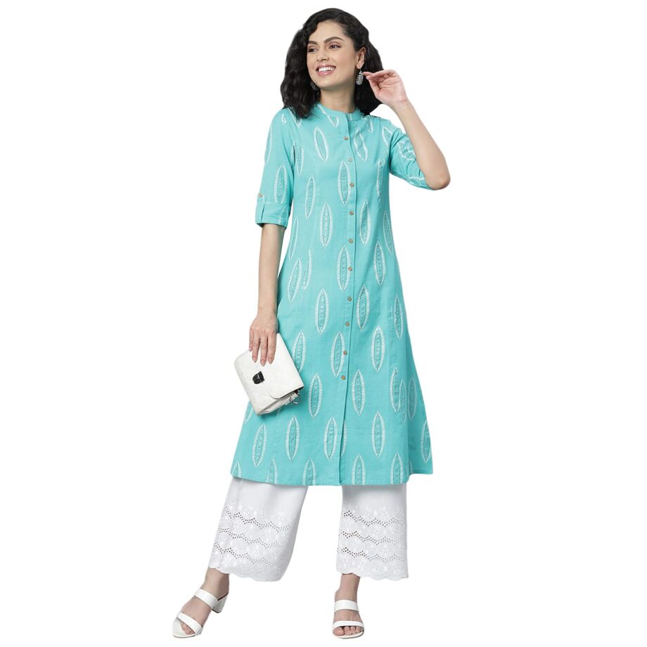 Women's Block Printed Rayon A-Line Kurta (Turquoise)