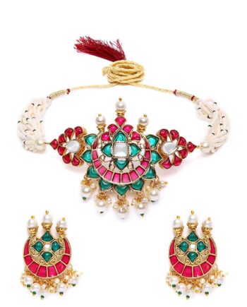 Zaveri Pearls Meenakari Multistrand Pearls Choker Necklace & Earring Set