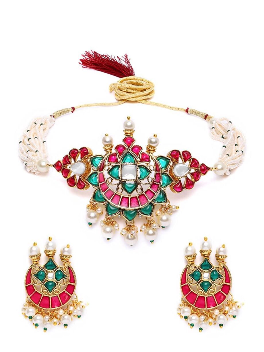 Zaveri Pearls Meenakari Multistrand Pearls Choker Necklace & Earring Set