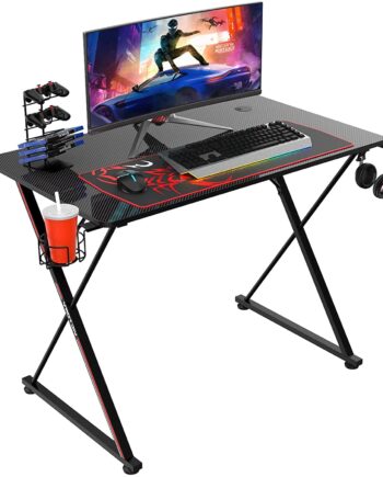 39 Inch Gaming Desk for Small Spaces, X Shaped Computer Desk with Mouse Pad, Headphone Hook, Gaming Controller Stand, Cup Holder