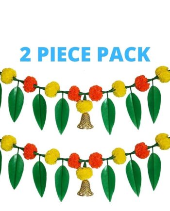 Handmade Artificial Marigold Flower Garlands with Mango Leaves with Plastic Bell Door Wall Hanging Toran (Multicolour) - 2 Pieces Pack, 42x6 inch
