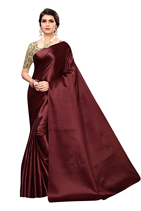 Women Grey Navy Maroon Satin Saree With Jaquard Blouse Free size SELLERS STORE Women Grey Navy Maroon Satin Saree With Jaquard Blouse Free size