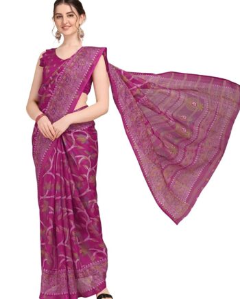 Women's Cotton Blend Kota Doria Printed Saree With Blouse Piece