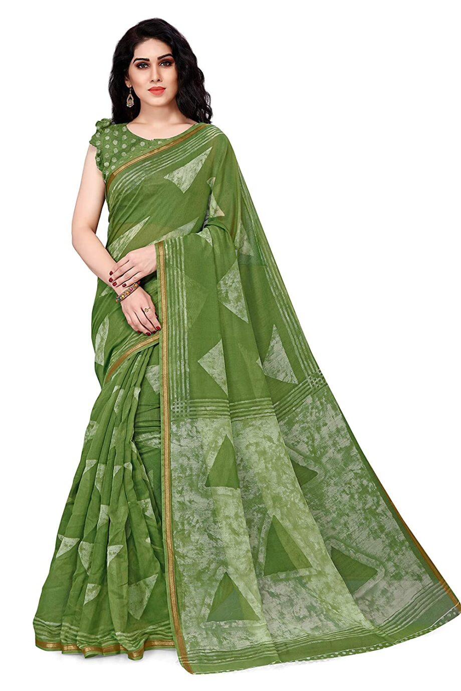 Women's Cotton Blend Triangle Shibori Dyed New Fancy Printed Saree with Blouse Piece