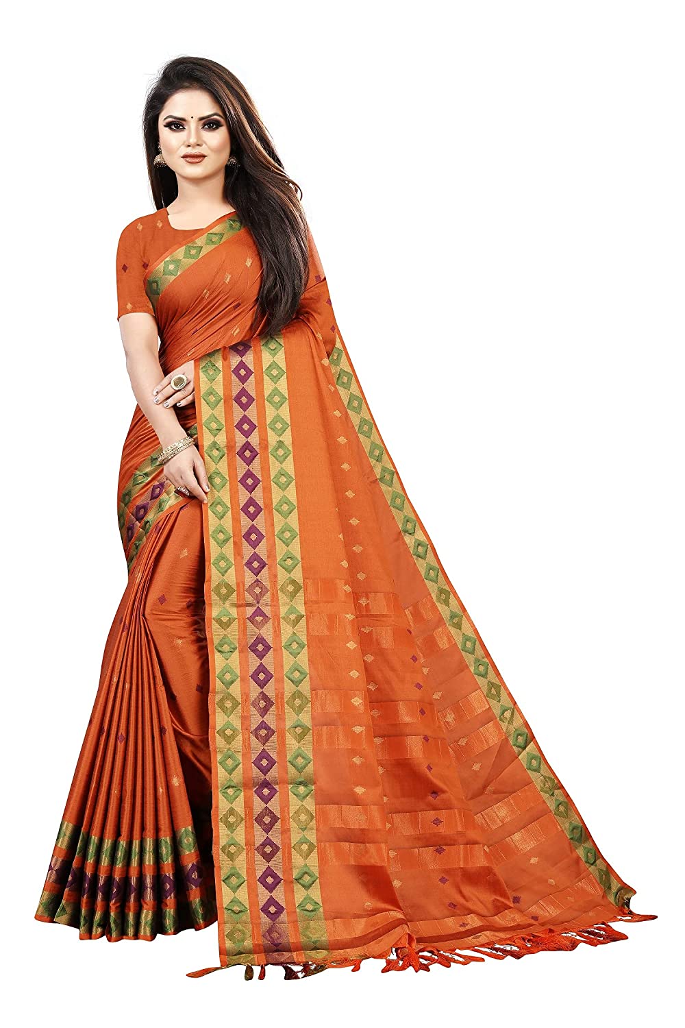 Women's Banarasi Silk Blend Jacquard Woven Golden Zari Butta Saree With Blouse Piece SELLERS STORE Women's Banarasi Silk Blend Jacquard Woven Golden Zari Butta Saree With Blouse Piece