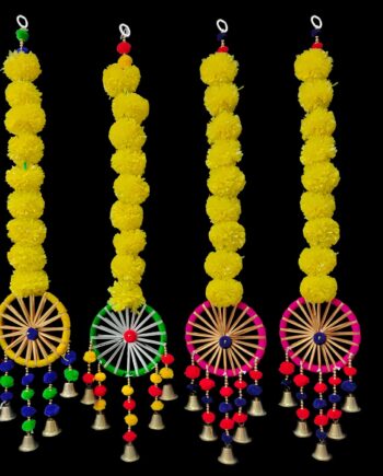 2 Feet Artificial Yellow Marigold Flowers String with Decorative Bells, Wall/Door Hanging for Home/Wedding/Festival Decoration. (Multicolour, Pack of 4)
