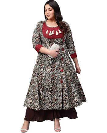 Women's Plus Size Cotton Kalamkari Print Anarkali Kurta Maroon