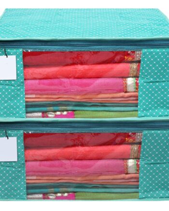 India Cotton Saree Cover/Saree Bag/Storage Bag with Transparent Window, Extra Large (PACK OF 2, Green)