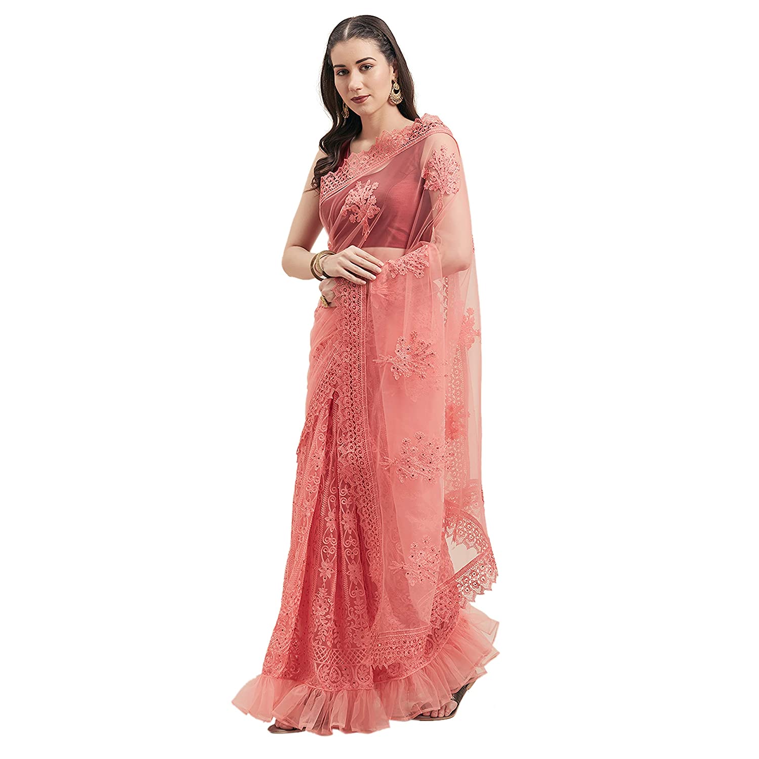 Women's Embroidered Net Saree With Blouse SELLERS STORE Women's Embroidered Net Saree With Blouse