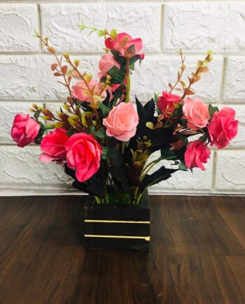 Artificial Beautiful Natural Rose Flower Pot for Home, Garden, Office, Living Room Decor | Artificial Flowers with Wooden Pot | (10 inch, Pink & Dark Pink, Pack of 1)