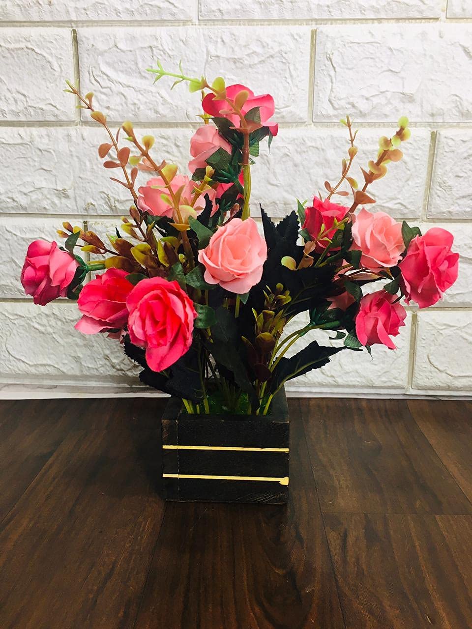 Artificial Beautiful Natural Rose Flower Pot for Home, Garden, Office, Living Room Decor | Artificial Flowers with Wooden Pot | (10 inch, Pink & Dark Pink, Pack of 1) SELLERS STORE Artificial Beautiful Natural Rose Flower Pot for Home, Garden, Office, Living Room Decor | Artificial Flowers with Wooden Pot | (10 inch, Pink & Dark Pink, Pack of 1)