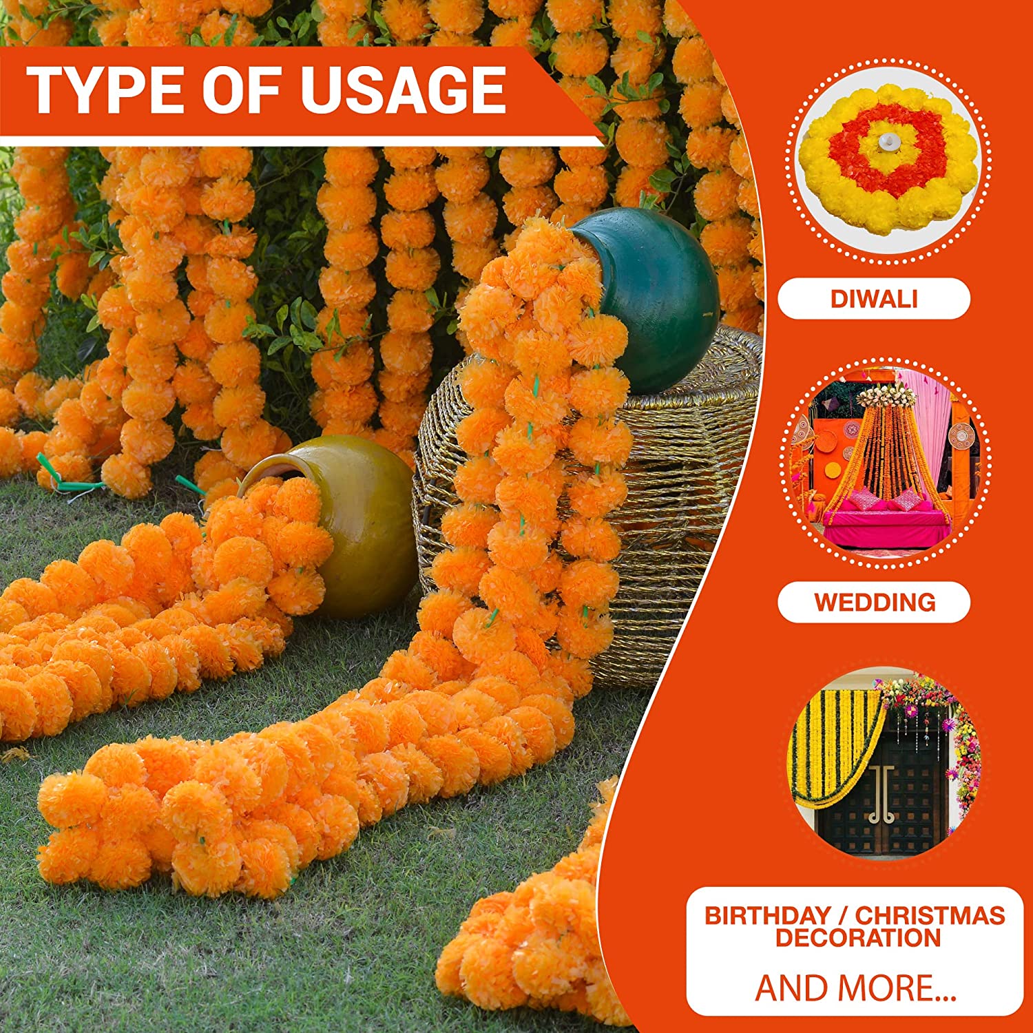Marigold Artificial Flowers for Decoration Long Garland Perfect for Diwali Decoration Navratri, Pooja, Home Inauguration, Temple, Wedding ,5 Feet Long 10 Pcs with 2 Diya (Orange) SELLERS STORE Marigold Artificial Flowers for Decoration Long Garland Perfect for Diwali Decoration Navratri, Pooja, Home Inauguration, Temple, Wedding ,5 Feet Long 10 Pcs with 2 Diya (Orange)