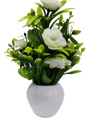 Artificial Flower Plants with Pots Plastic Faux Grass Fake Shrubs for Home Decor, Washroom and Office Decor- (White, Red/Pink)
