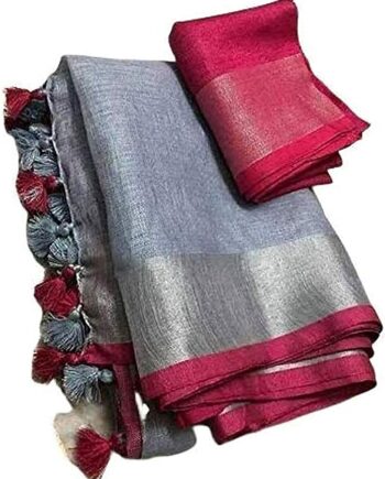 Women's Cotton Linen Slub Bhagalpuri Saree with Blouse Piece (Grey)