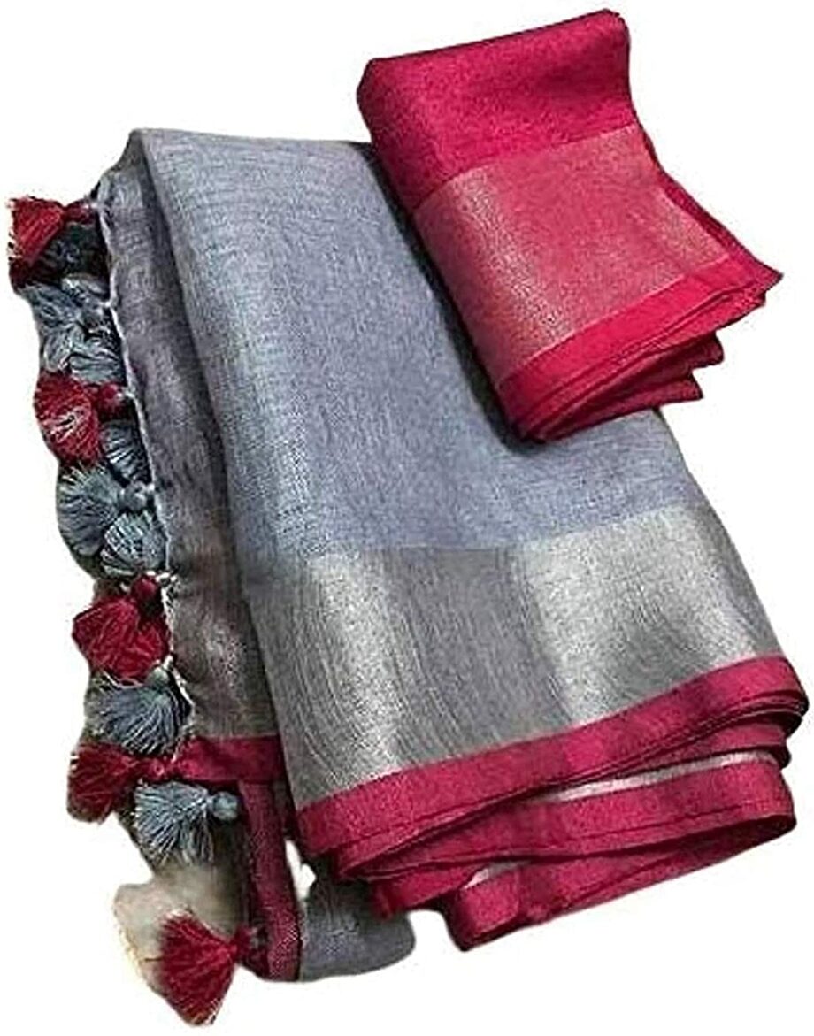 Women's Cotton Linen Slub Bhagalpuri Saree with Blouse Piece (Grey)