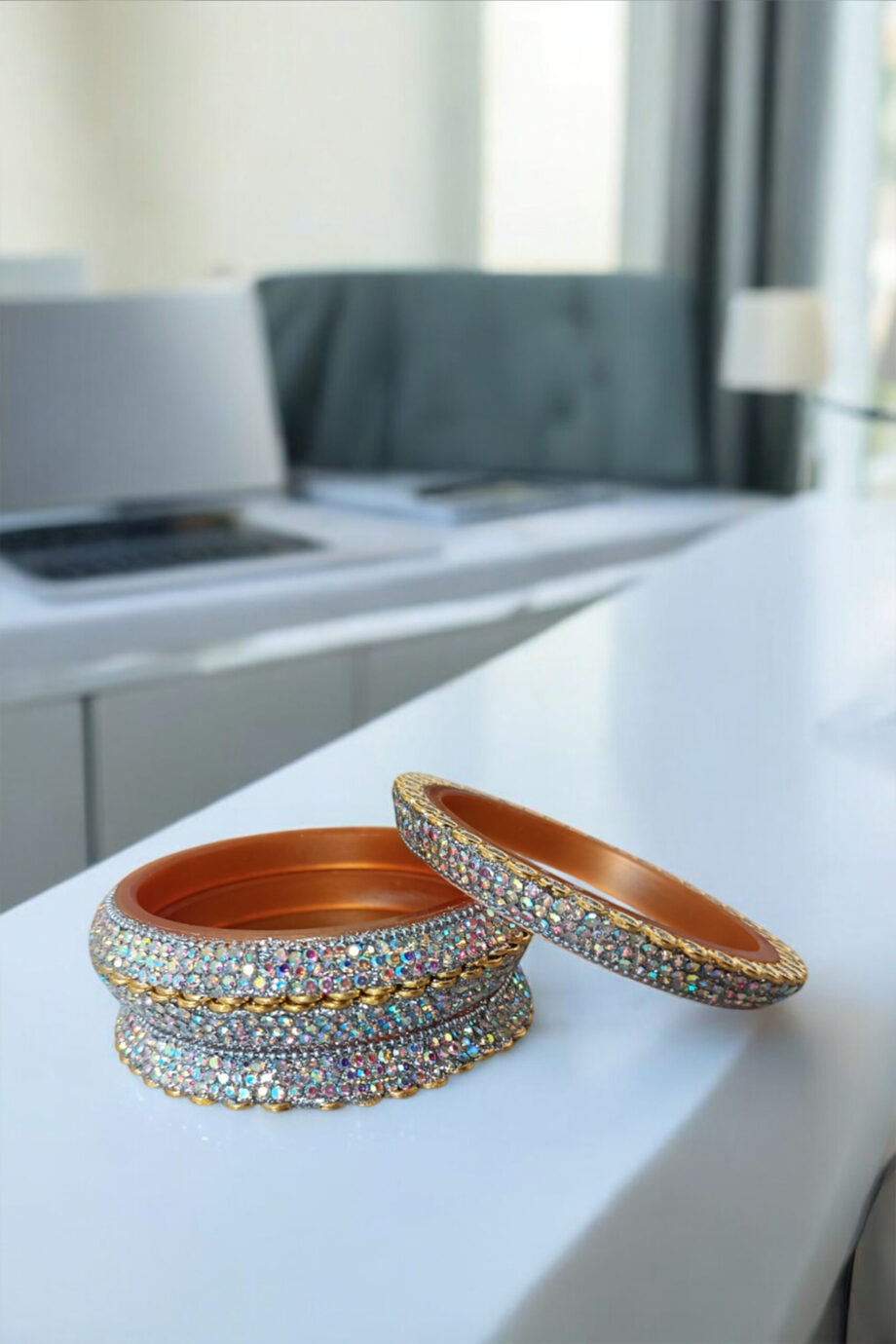 Rainbow Diamond Pali Metal Bangle with Silver Sparkle Accents and Metallic Chain (8Pieces)