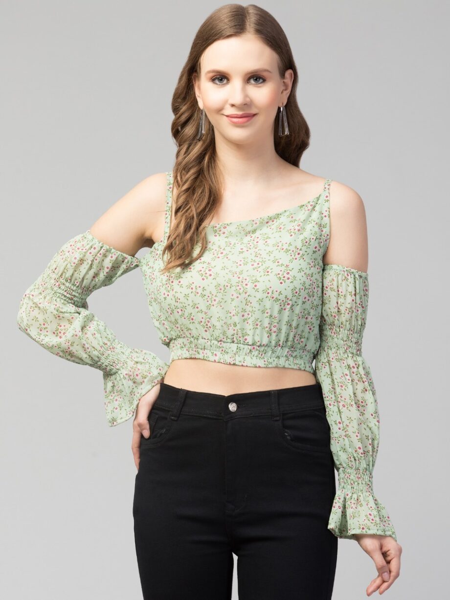 Women & Girls Cold Shoulder Floral Crop Top