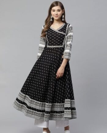 Women's Cotton & Cotton Slub Ikat Printed Anarkali Kurta (Black)