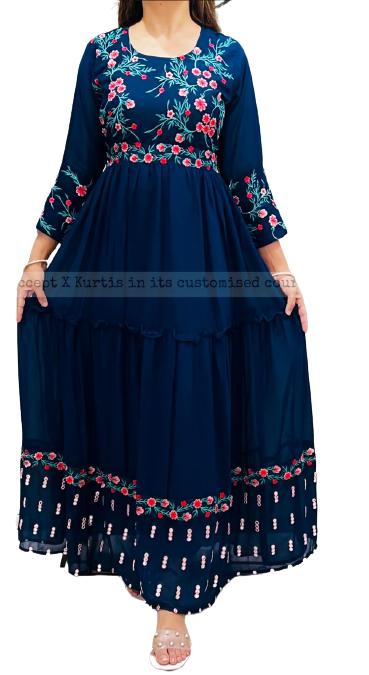 Gorgette Gown With Thread Embroidery On Yoke, Sleeves & Bottom Flare Chiffon Duppata SELLERS STORE Gorgette Gown With Thread Embroidery On Yoke, Sleeves & Bottom Flare Chiffon Duppata