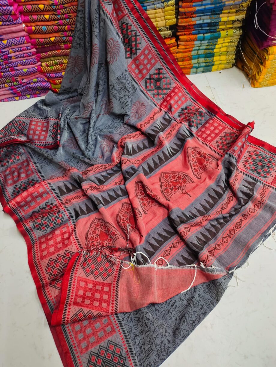 Khadi Cotton Soft Rajasthane Block Print Handloom Saree With Running Blouse