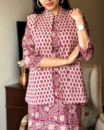 Womens Cotton Kurti Pant Set With Quilted Cotton Jacket