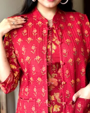 Cotton Kurti Pant Set With Quilted Cotton Jacket