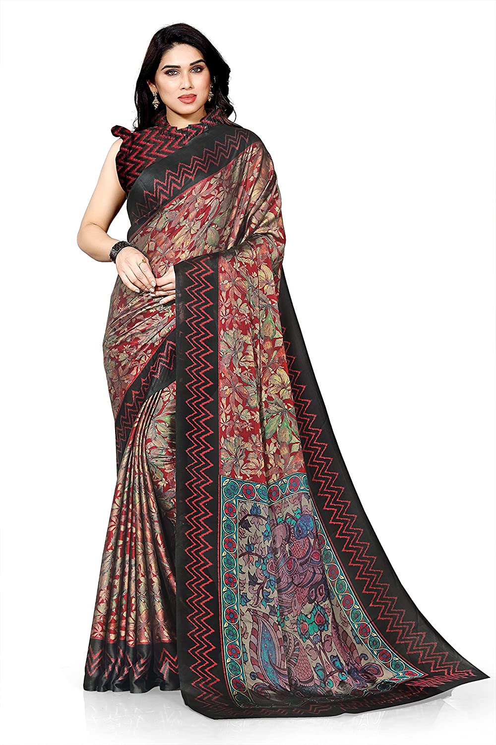 Women's Chiffon Flower Printed Saree with Blouse Piece and Kalamkari Palav SELLERS STORE Women's Chiffon Flower Printed Saree with Blouse Piece and Kalamkari Palav