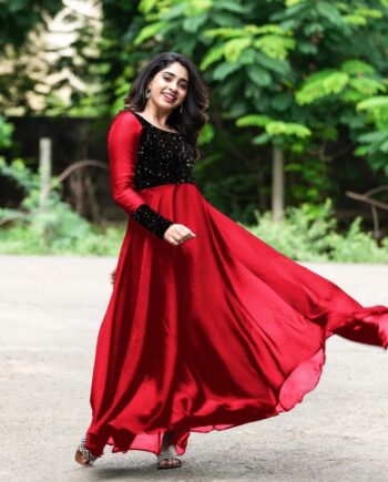 Georgette maxi dress with embroidery Velvet sequence sleeve