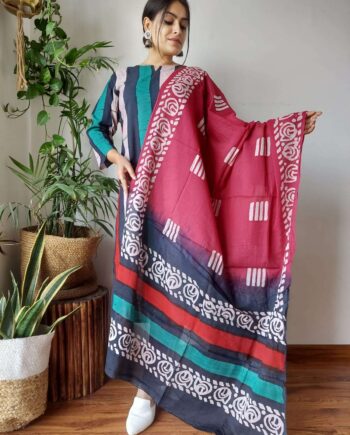 Hand Block Printed Stitched Cotton Suits With Cotton Dupatta