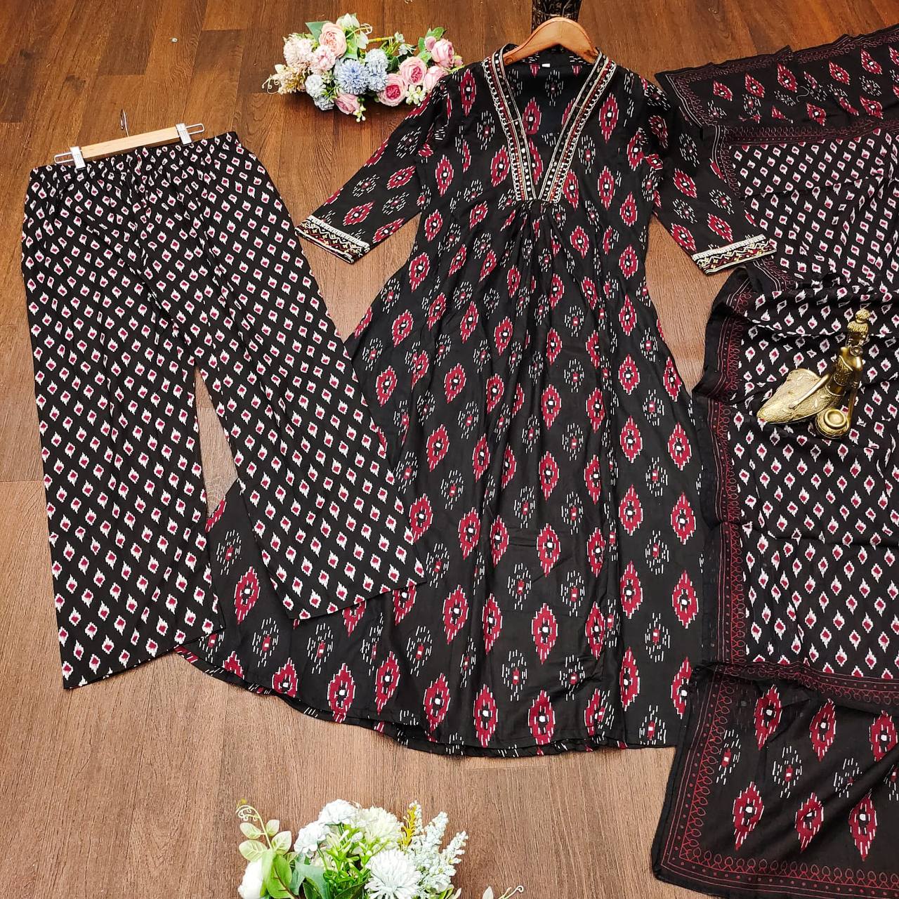Cotton Suit Set With Full Flaired Mugal Print SELLERS STORE Cotton Suit Set With Full Flaired Mugal Print