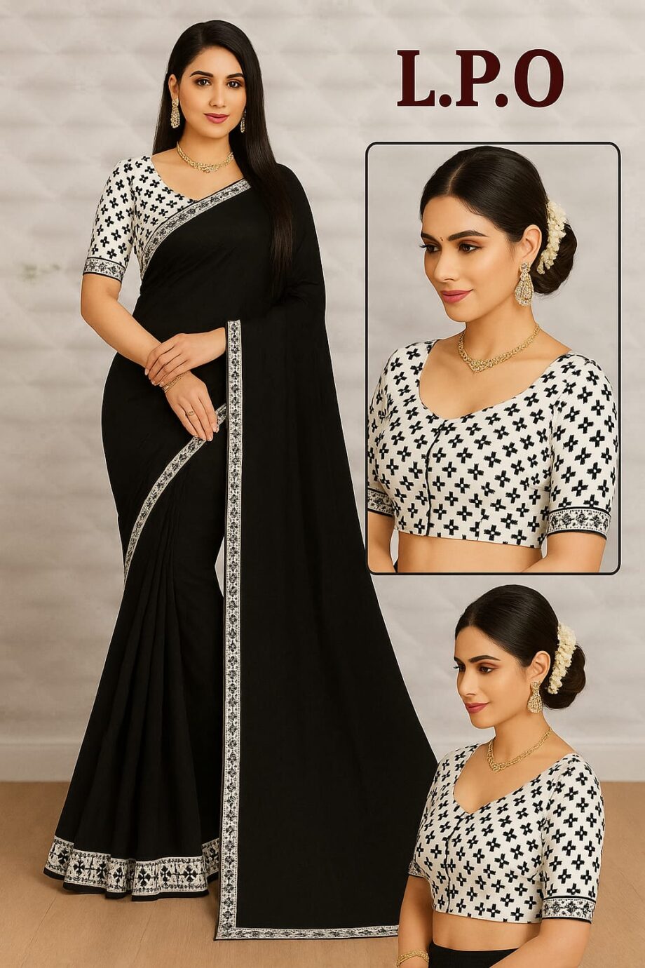 Stunning Black Saree with White Work Border & Printed Blouse