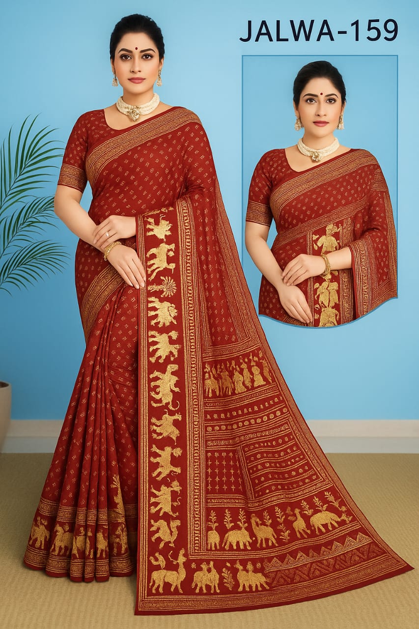 Maroon Gold Printed Silk Saree | Ethnic Animal Motif Design | Festive & Wedding Wear SELLERS STORE Maroon Gold Printed Silk Saree | Ethnic Animal Motif Design | Festive & Wedding Wear