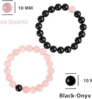 Rose Quartz Black Onyx Hand Bracelets His & Her Valentine's Love Gift